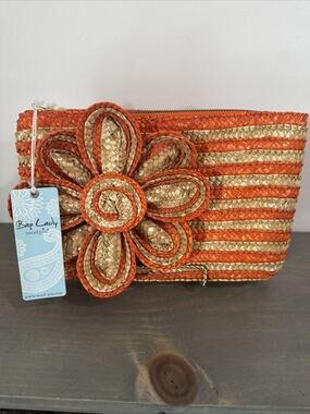 Mud Pie Clutch Flower Handbag Natural Orange Woven Wheat Straw Stripes NWT